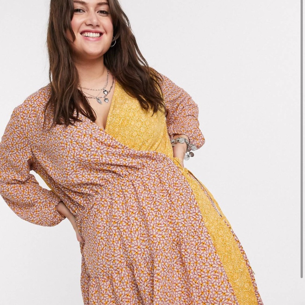 Only Curve long sleeve wrap dress in floral print